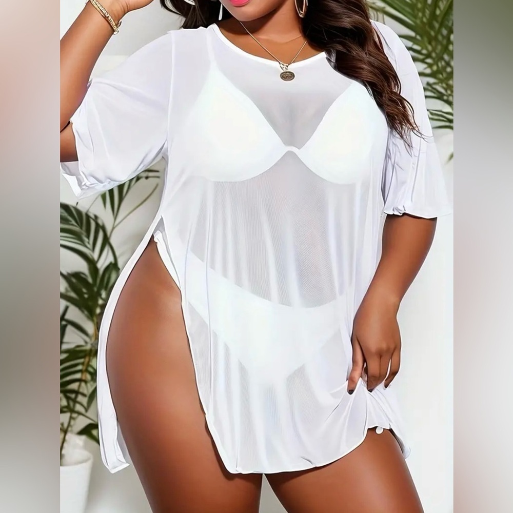 Plus Size White Side Slit Beach Cover Up Dress - Picture 2 of 4